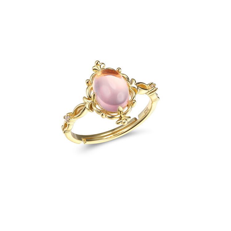 Women's Natural Rose Quartz 925 Sterling Silver Resizable Ring with Yellow Gold Plating